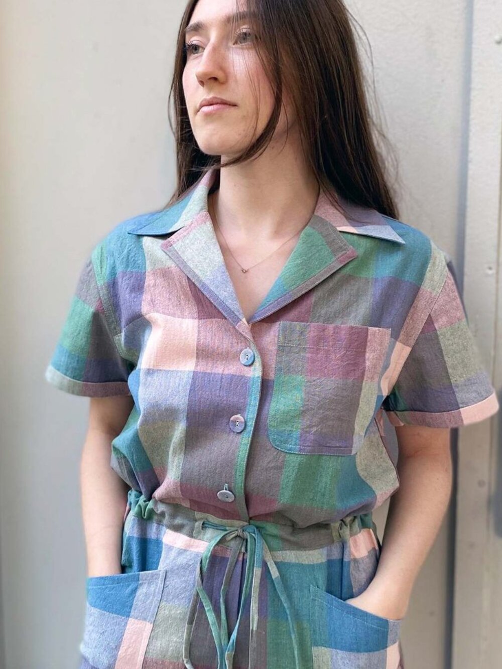 Plaid Pastel Short-Sleeve Jumpsuit - Picture 3 of 4
